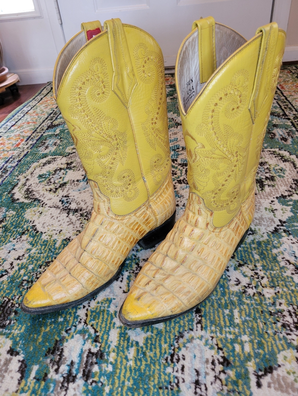 Potrero Yellow Caiman Printed Crocodile Leather Western Boots, Size Mens 8.5